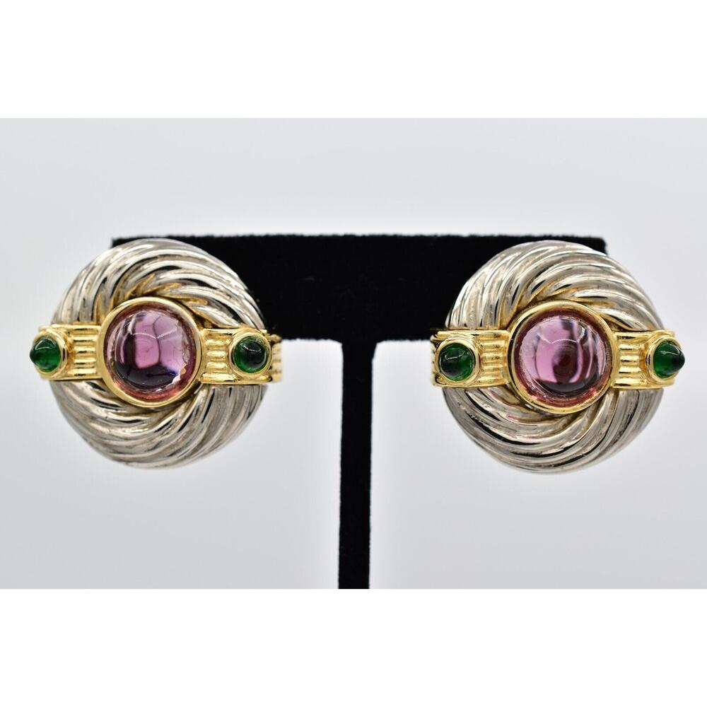 Maresca Vintage Cabochon Clip On Earrings Purple Green Cable Silver Signed BinBF